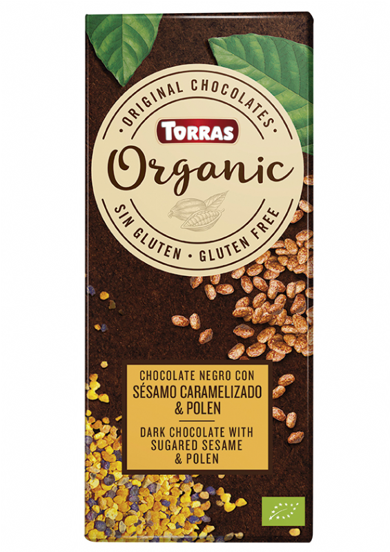 chocolate negro con sésamo caramelizado y polen bio