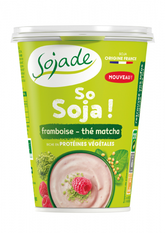 yogur de soja, té matcha y frambuesa bio
