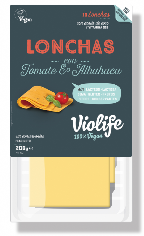 lonchas veganas sabor queso con tomate y albahaca