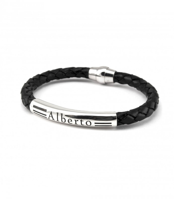 pulsera de cuero trenzado negro y plata