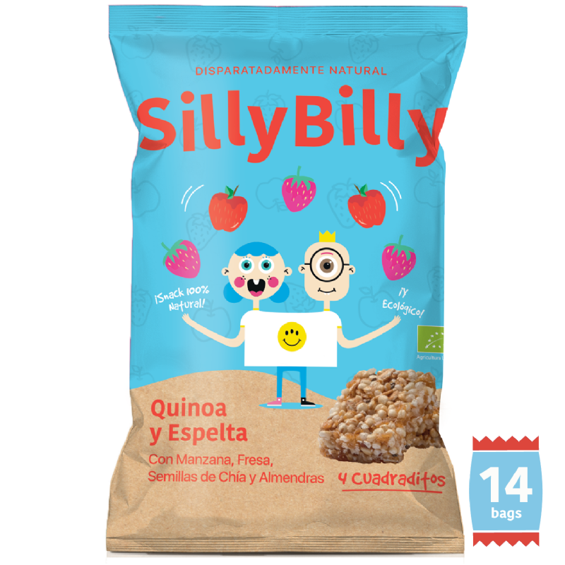 pack 14: snack bio de quinoa, espelta, manzana, fresa, almendras y chía.