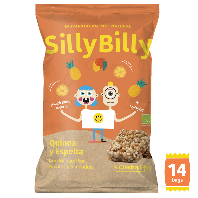 pack 14: snack bio de quinoa, espelta, mango, piña, naranja y almendras