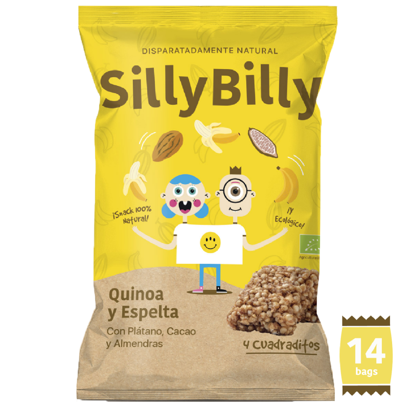 pack 14: snack bio de quinoa, espelta, plátano, cacao y almendras