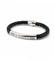 Pulsera de cuero trenzado negro y plata